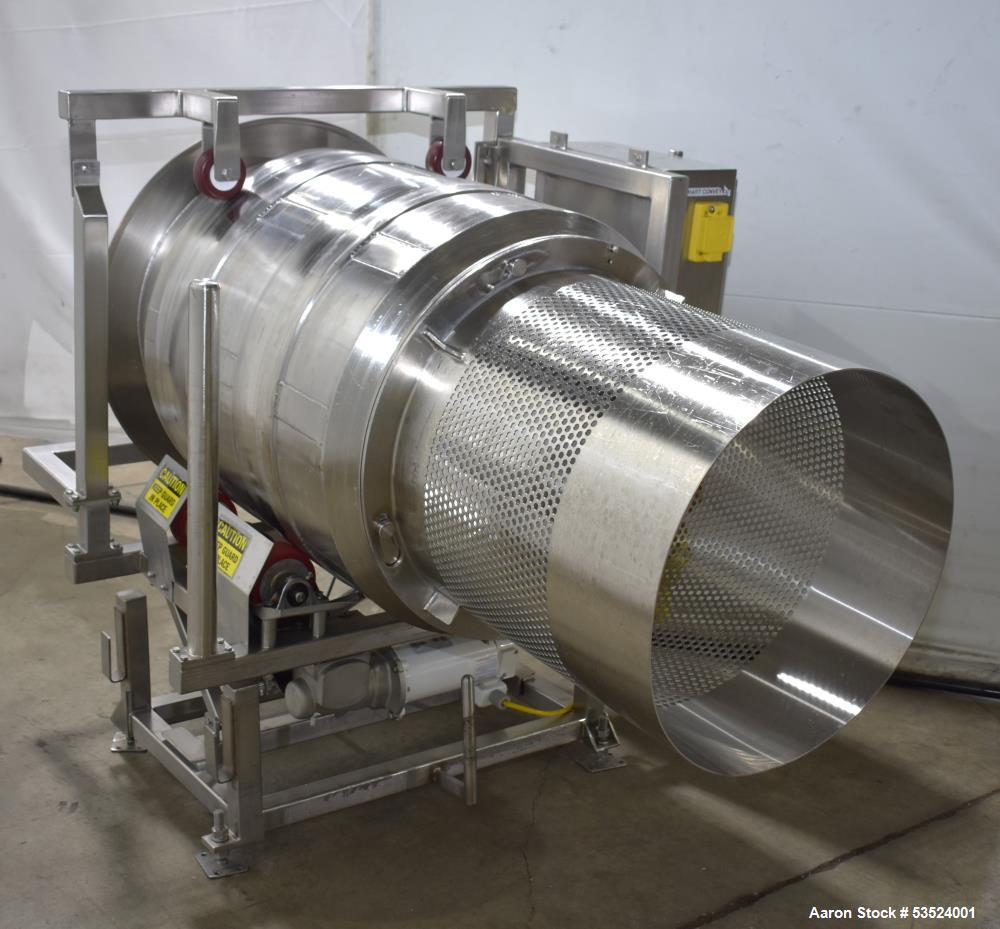 Used Spray Dynamics Soft Flight Coating Drum, Stainless Steel. Approximate 30" diameter x 27-1/2" long. (8) Internal flights. Has adjustable pitch. 20" Inlet, 23-3/8" outlet. Driven by 1/2hp, 1750 rp...