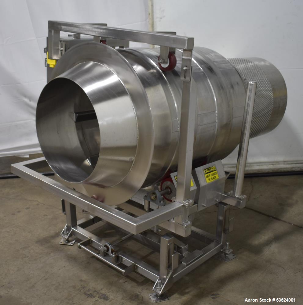 Used Spray Dynamics Soft Flight Coating Drum, Stainless Steel. Approximate 30" diameter x 27-1/2" long. (8) Internal flights. Has adjustable pitch. 20" Inlet, 23-3/8" outlet. Driven by 1/2hp, 1750 rp...