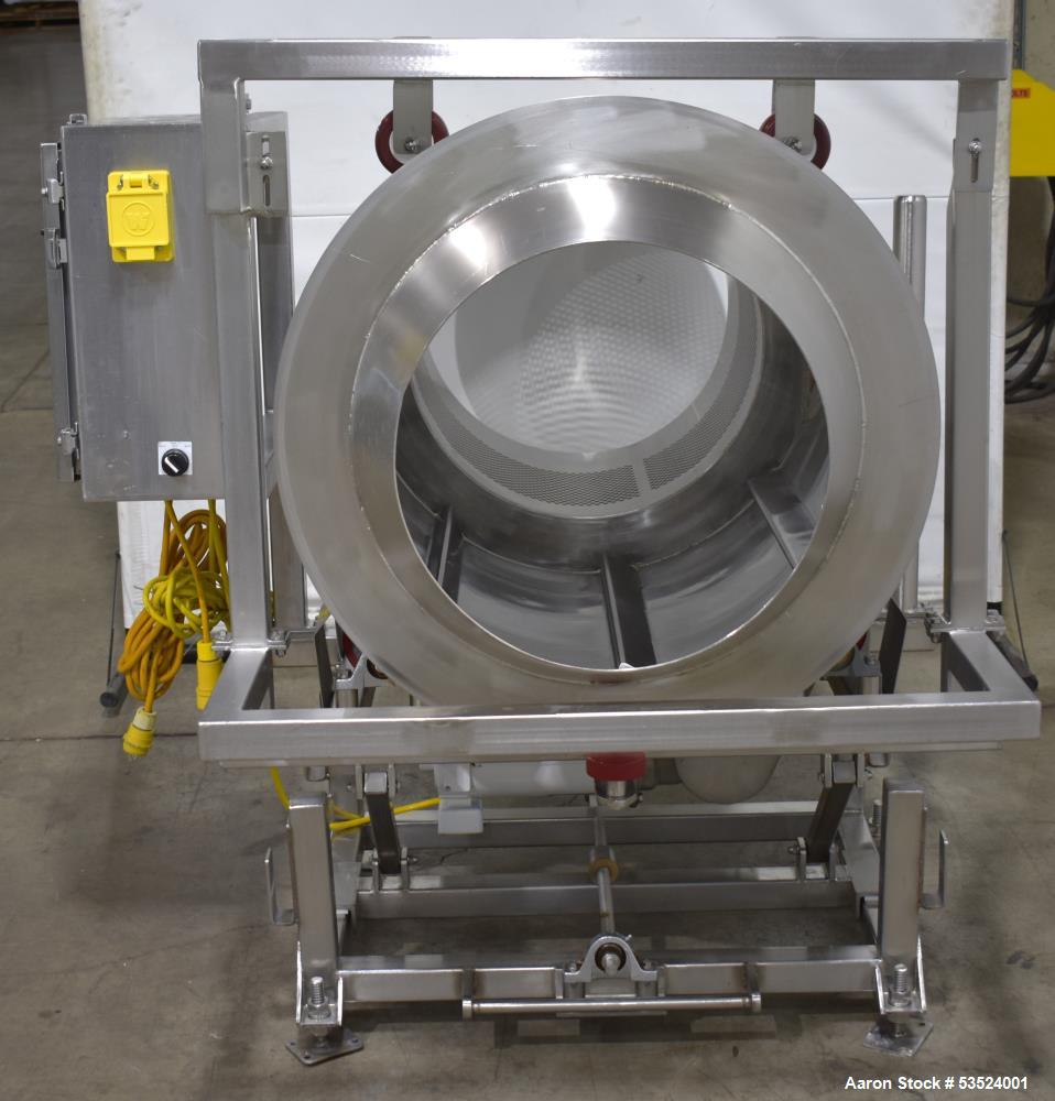 Used Spray Dynamics Soft Flight Coating Drum, Stainless Steel. Approximate 30" diameter x 27-1/2" long. (8) Internal flights. Has adjustable pitch. 20" Inlet, 23-3/8" outlet. Driven by 1/2hp, 1750 rp...