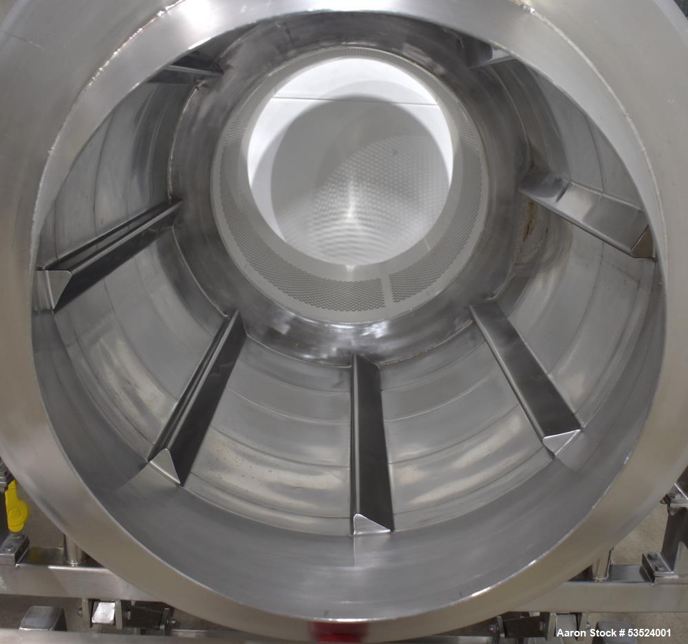 Used Spray Dynamics Soft Flight Coating Drum, Stainless Steel. Approximate 30" diameter x 27-1/2" long. (8) Internal flights. Has adjustable pitch. 20" Inlet, 23-3/8" outlet. Driven by 1/2hp, 1750 rp...