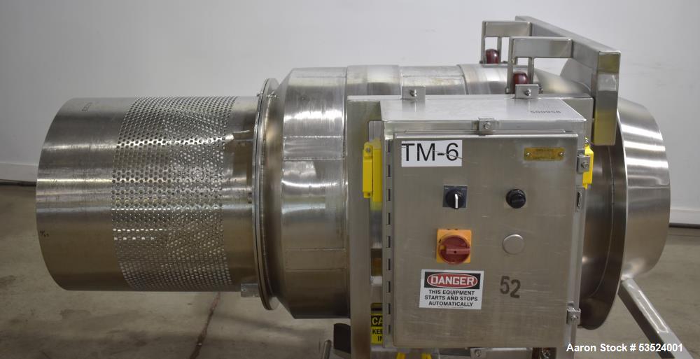 Used Spray Dynamics Soft Flight Coating Drum, Stainless Steel. Approximate 30" diameter x 27-1/2" long. (8) Internal flights. Has adjustable pitch. 20" Inlet, 23-3/8" outlet. Driven by 1/2hp, 1750 rp...