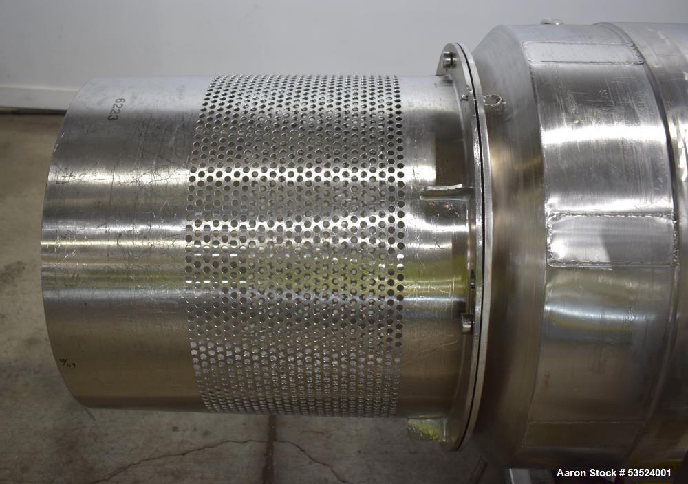 Used Spray Dynamics Soft Flight Coating Drum, Stainless Steel. Approximate 30" diameter x 27-1/2" long. (8) Internal flights. Has adjustable pitch. 20" Inlet, 23-3/8" outlet. Driven by 1/2hp, 1750 rp...