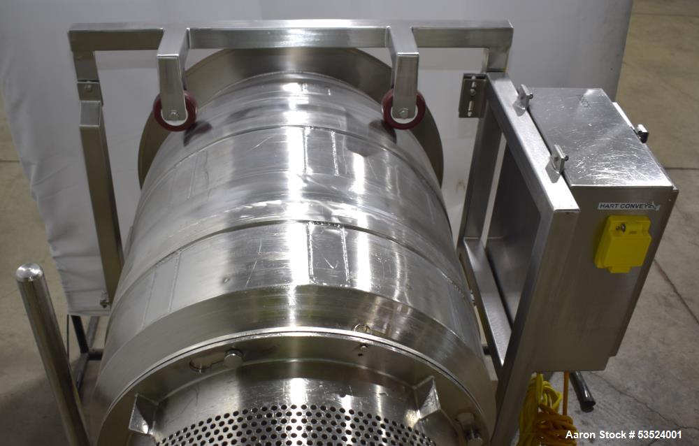 Used Spray Dynamics Soft Flight Coating Drum, Stainless Steel. Approximate 30" diameter x 27-1/2" long. (8) Internal flights. Has adjustable pitch. 20" Inlet, 23-3/8" outlet. Driven by 1/2hp, 1750 rp...