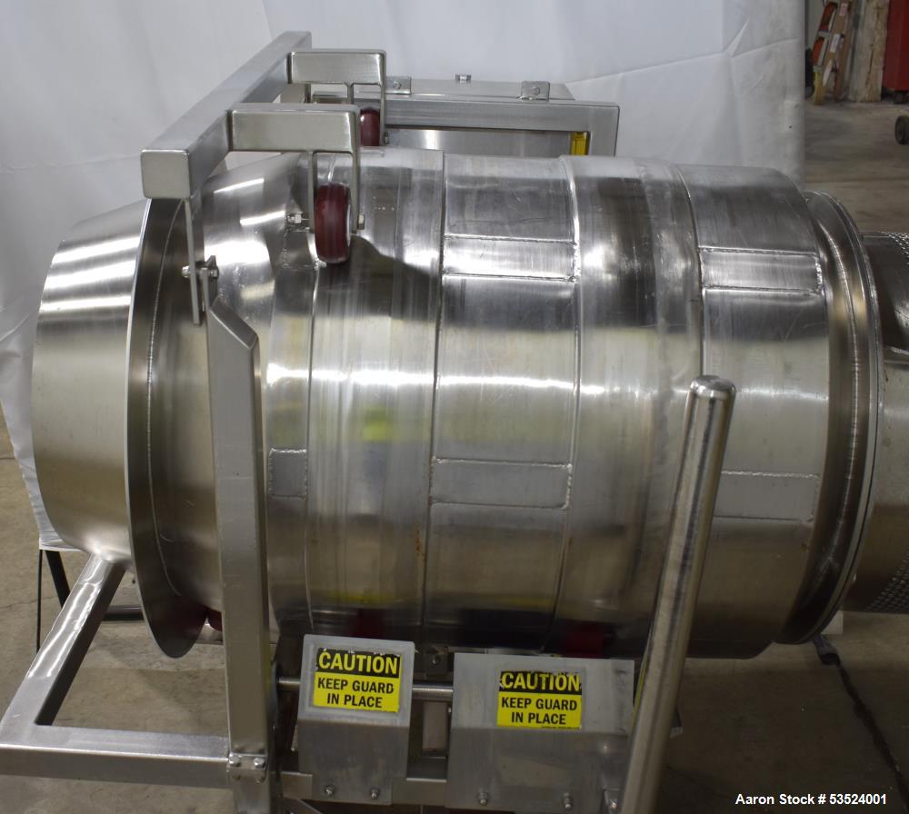 Used Spray Dynamics Soft Flight Coating Drum, Stainless Steel. Approximate 30" diameter x 27-1/2" long. (8) Internal flights. Has adjustable pitch. 20" Inlet, 23-3/8" outlet. Driven by 1/2hp, 1750 rp...