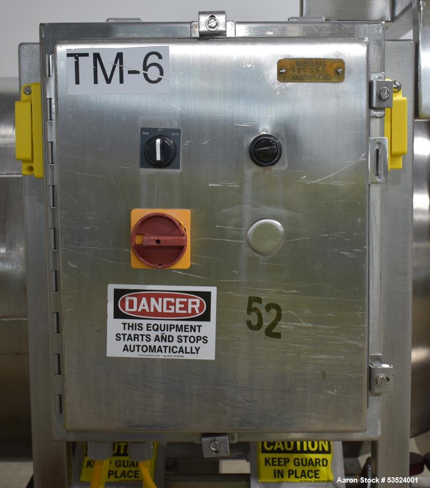 Used Spray Dynamics Soft Flight Coating Drum, Stainless Steel. Approximate 30" diameter x 27-1/2" long. (8) Internal flights. Has adjustable pitch. 20" Inlet, 23-3/8" outlet. Driven by 1/2hp, 1750 rp...