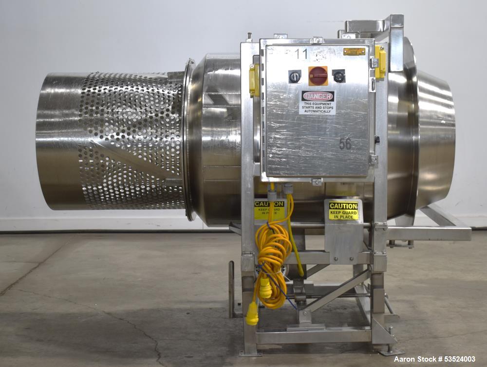 Used Spray Dynamics Soft Flight Coating Drum, Stainless Steel. Approximate 30" diameter x 27-1/2" long. (8) Internal flights. Has adjustable pitch. 20" Inlet, 23-3/8" outlet. Driven by 1/2hp, 1750 rp...