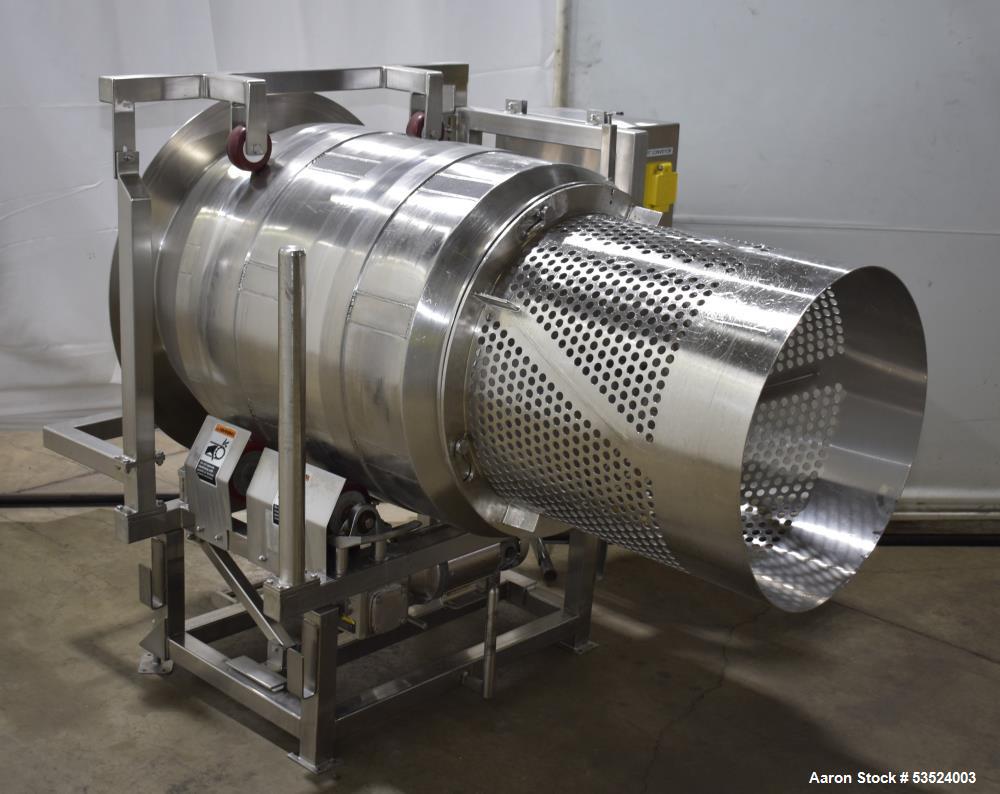 Used Spray Dynamics Soft Flight Coating Drum, Stainless Steel. Approximate 30" diameter x 27-1/2" long. (8) Internal flights. Has adjustable pitch. 20" Inlet, 23-3/8" outlet. Driven by 1/2hp, 1750 rp...
