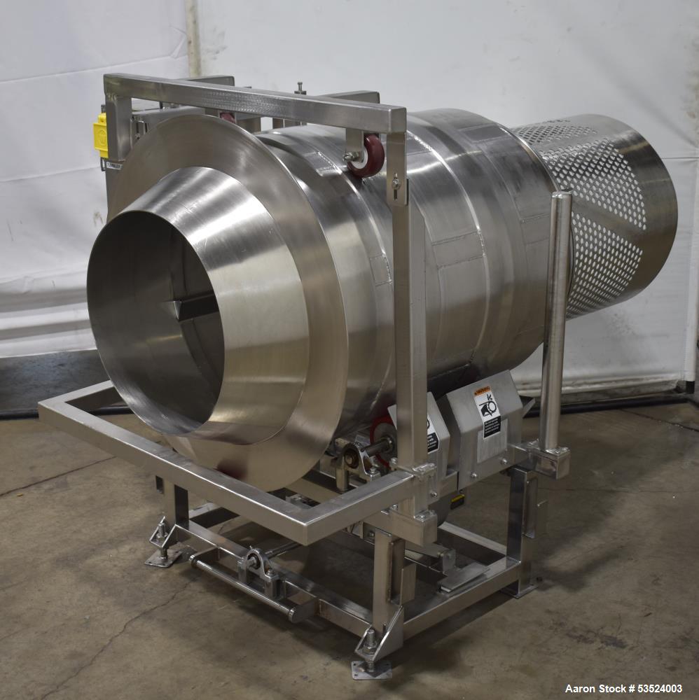 Used Spray Dynamics Soft Flight Coating Drum, Stainless Steel. Approximate 30" diameter x 27-1/2" long. (8) Internal flights. Has adjustable pitch. 20" Inlet, 23-3/8" outlet. Driven by 1/2hp, 1750 rp...
