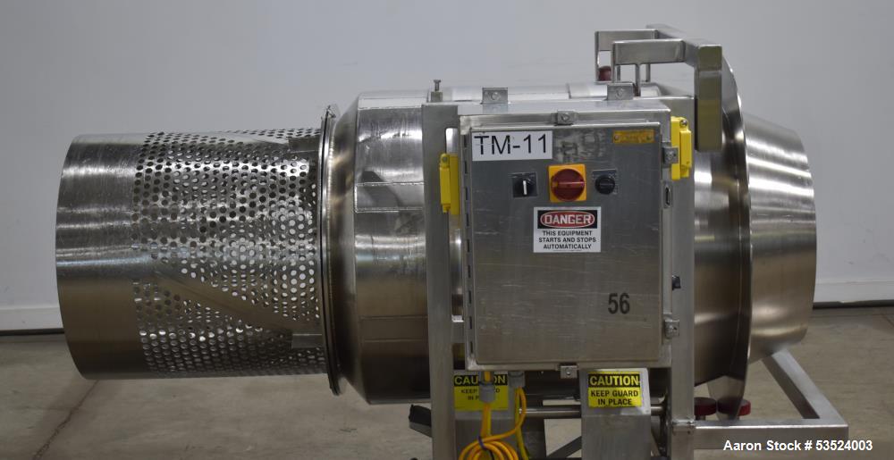 Used Spray Dynamics Soft Flight Coating Drum, Stainless Steel. Approximate 30" diameter x 27-1/2" long. (8) Internal flights. Has adjustable pitch. 20" Inlet, 23-3/8" outlet. Driven by 1/2hp, 1750 rp...
