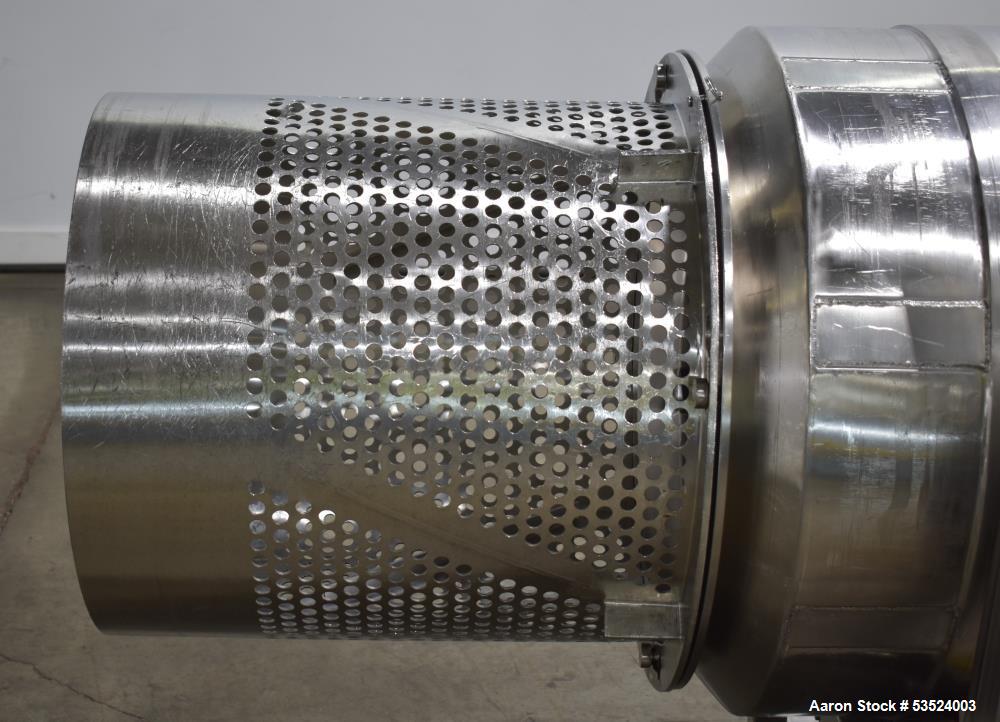 Used Spray Dynamics Soft Flight Coating Drum, Stainless Steel. Approximate 30" diameter x 27-1/2" long. (8) Internal flights. Has adjustable pitch. 20" Inlet, 23-3/8" outlet. Driven by 1/2hp, 1750 rp...
