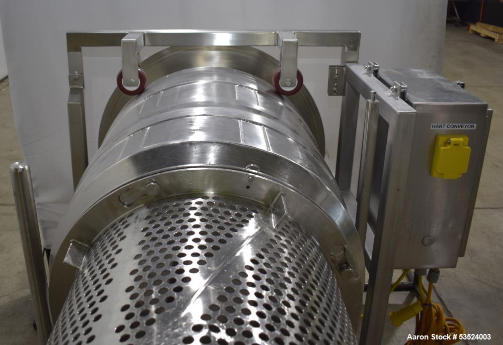 Used Spray Dynamics Soft Flight Coating Drum, Stainless Steel. Approximate 30" diameter x 27-1/2" long. (8) Internal flights. Has adjustable pitch. 20" Inlet, 23-3/8" outlet. Driven by 1/2hp, 1750 rp...