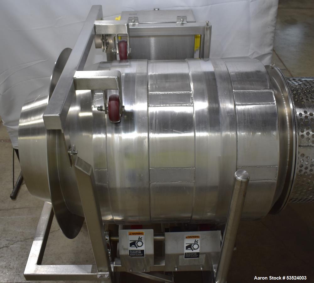 Used Spray Dynamics Soft Flight Coating Drum, Stainless Steel. Approximate 30" diameter x 27-1/2" long. (8) Internal flights. Has adjustable pitch. 20" Inlet, 23-3/8" outlet. Driven by 1/2hp, 1750 rp...