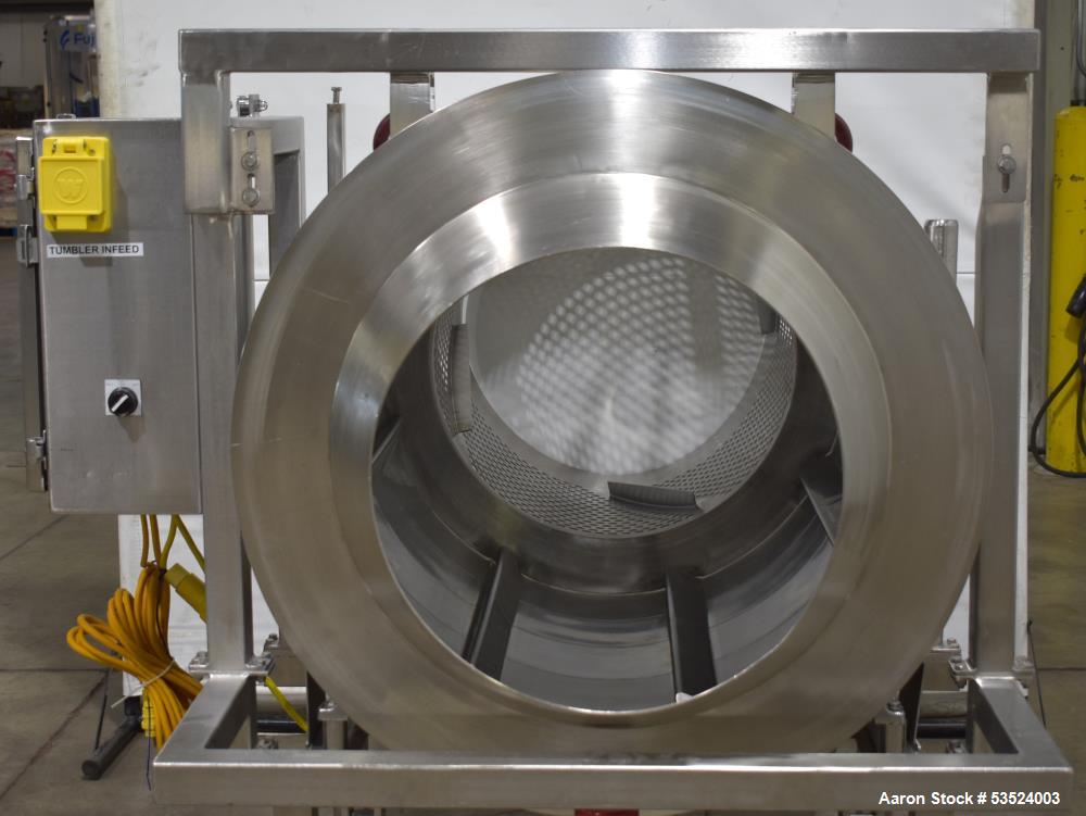 Used Spray Dynamics Soft Flight Coating Drum, Stainless Steel. Approximate 30" diameter x 27-1/2" long. (8) Internal flights. Has adjustable pitch. 20" Inlet, 23-3/8" outlet. Driven by 1/2hp, 1750 rp...
