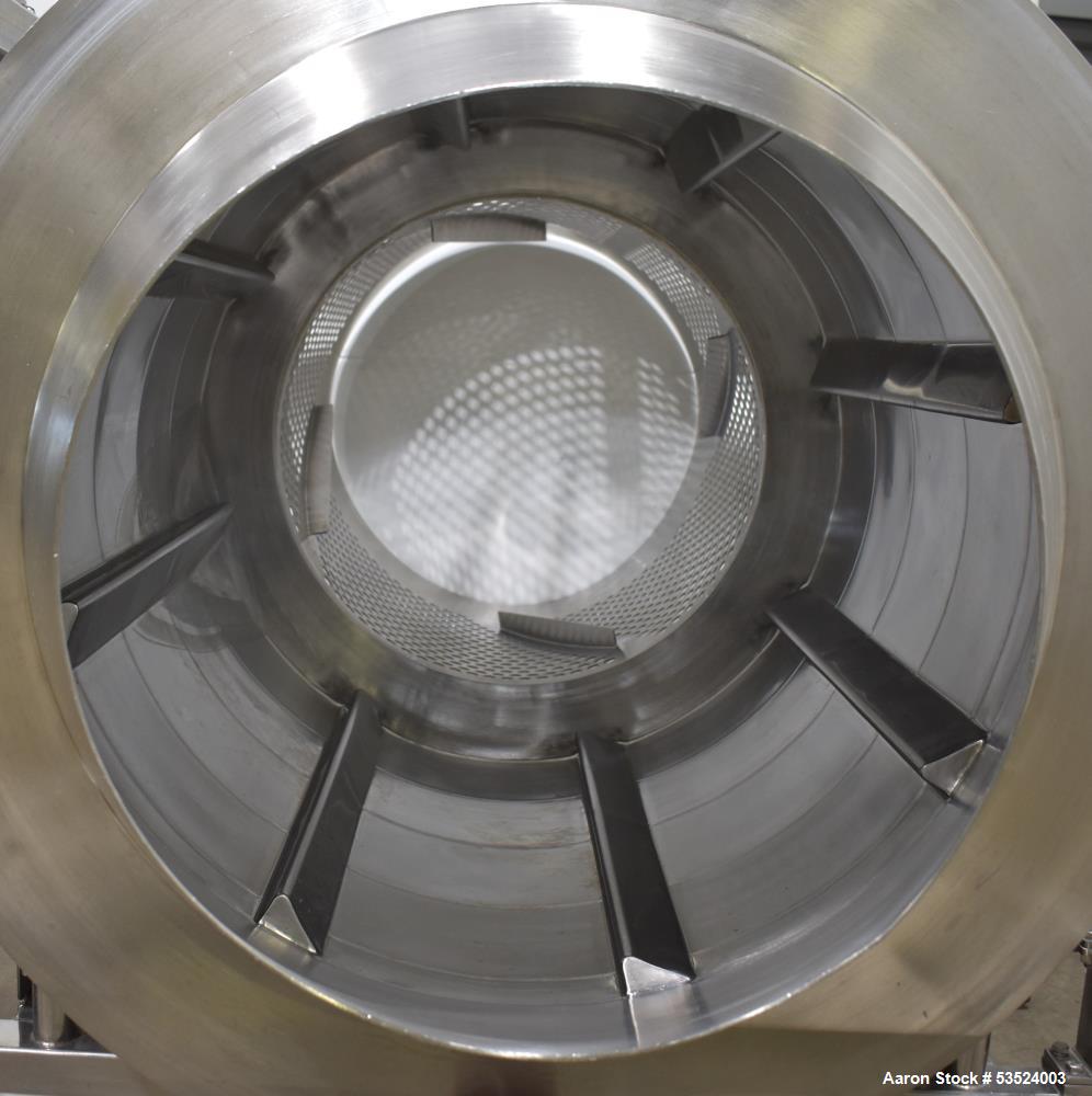 Used Spray Dynamics Soft Flight Coating Drum, Stainless Steel. Approximate 30" diameter x 27-1/2" long. (8) Internal flights. Has adjustable pitch. 20" Inlet, 23-3/8" outlet. Driven by 1/2hp, 1750 rp...
