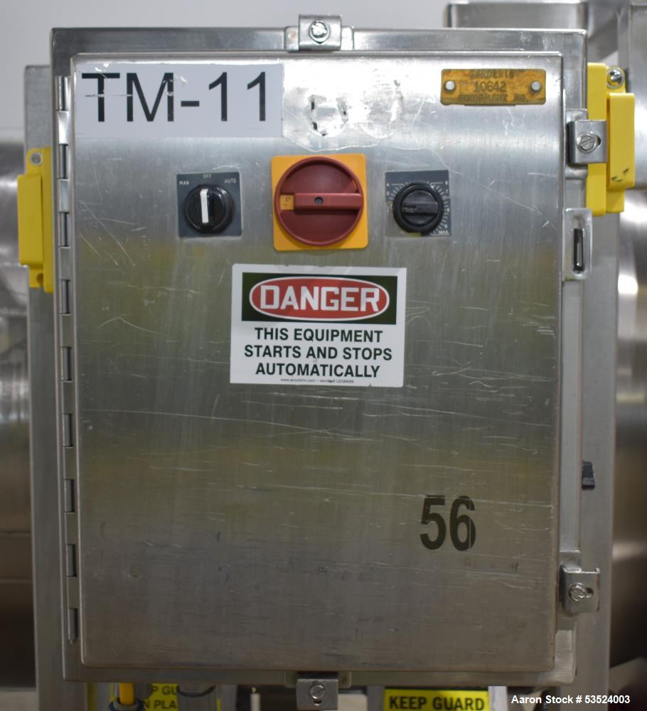 Used Spray Dynamics Soft Flight Coating Drum, Stainless Steel. Approximate 30" diameter x 27-1/2" long. (8) Internal flights. Has adjustable pitch. 20" Inlet, 23-3/8" outlet. Driven by 1/2hp, 1750 rp...