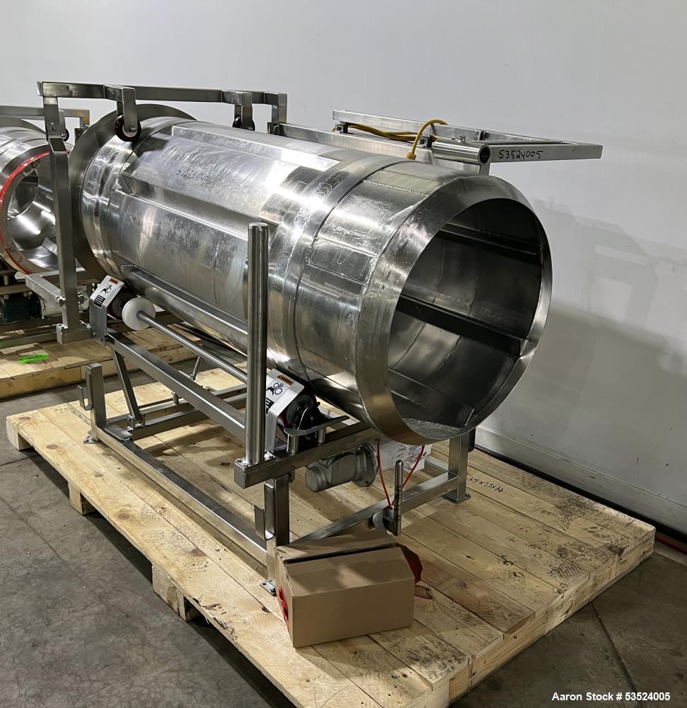Used Stainless Steel Seasoning Drum. Approximate 30" diameter x 64" long. (8) Internal flights. Has adjustable pitch. 20" Inlet, 26" outlet. Driven by 1/2hp, 90 volt, 1750 rpm motor. Control panel. M...