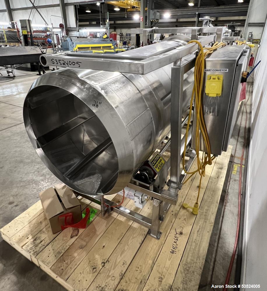 Used Stainless Steel Seasoning Drum. Approximate 30" diameter x 64" long. (8) Internal flights. Has adjustable pitch. 20" Inlet, 26" outlet. Driven by 1/2hp, 90 volt, 1750 rpm motor. Control panel. M...