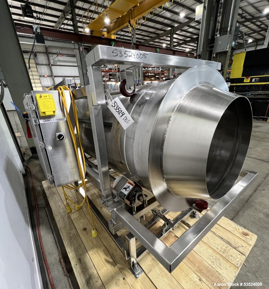 Used Stainless Steel Seasoning Drum. Approximate 30" diameter x 64" long. (8) Internal flights. Has adjustable pitch. 20" Inlet, 26" outlet. Driven by 1/2hp, 90 volt, 1750 rpm motor. Control panel. M...
