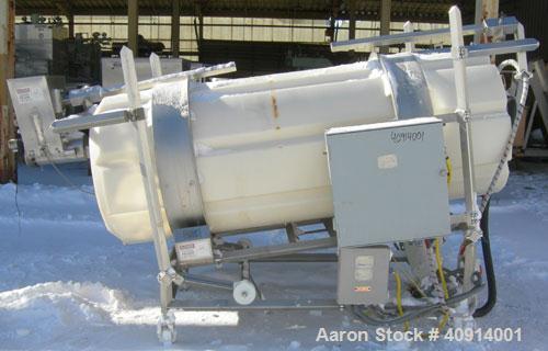 Used Allen Machinery Rotating Coating Drum, horizontal, plastic construction. 36" diameter x approximately 96" long. (8) internal flights, driven by a 1 hp, 3/60/230/460 volt, 1725 rpm gearmotor. Inc...