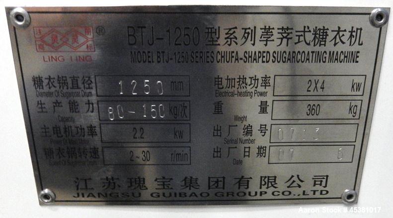 Used Jiangsu Cuibao Group Chufa Sugar Coating Machine, Model BTJ-1250