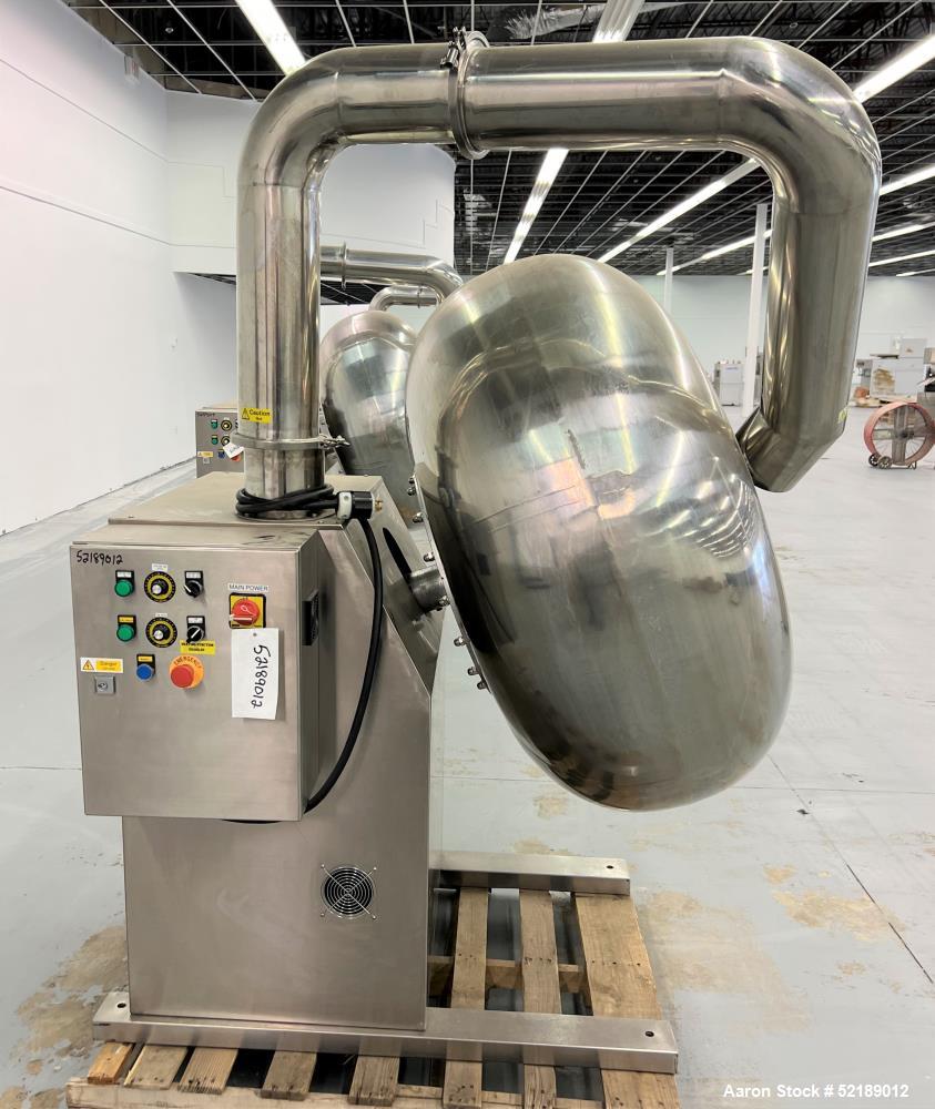 Used Loynds  48" Diameter Stainless Steel Coating Pan, Model CP1000. With (6) welded ribs 3/4" wide x 1/2" thick, 26" deep x 24" diameter opening, hot air blower with variable speed control (heat can...