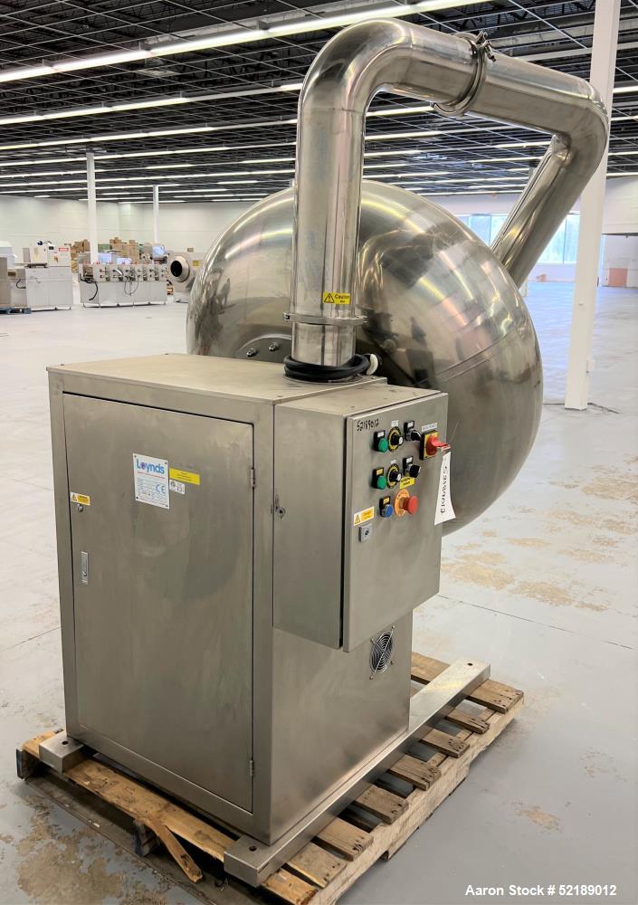 Used Loynds  48" Diameter Stainless Steel Coating Pan, Model CP1000. With (6) welded ribs 3/4" wide x 1/2" thick, 26" deep x 24" diameter opening, hot air blower with variable speed control (heat can...