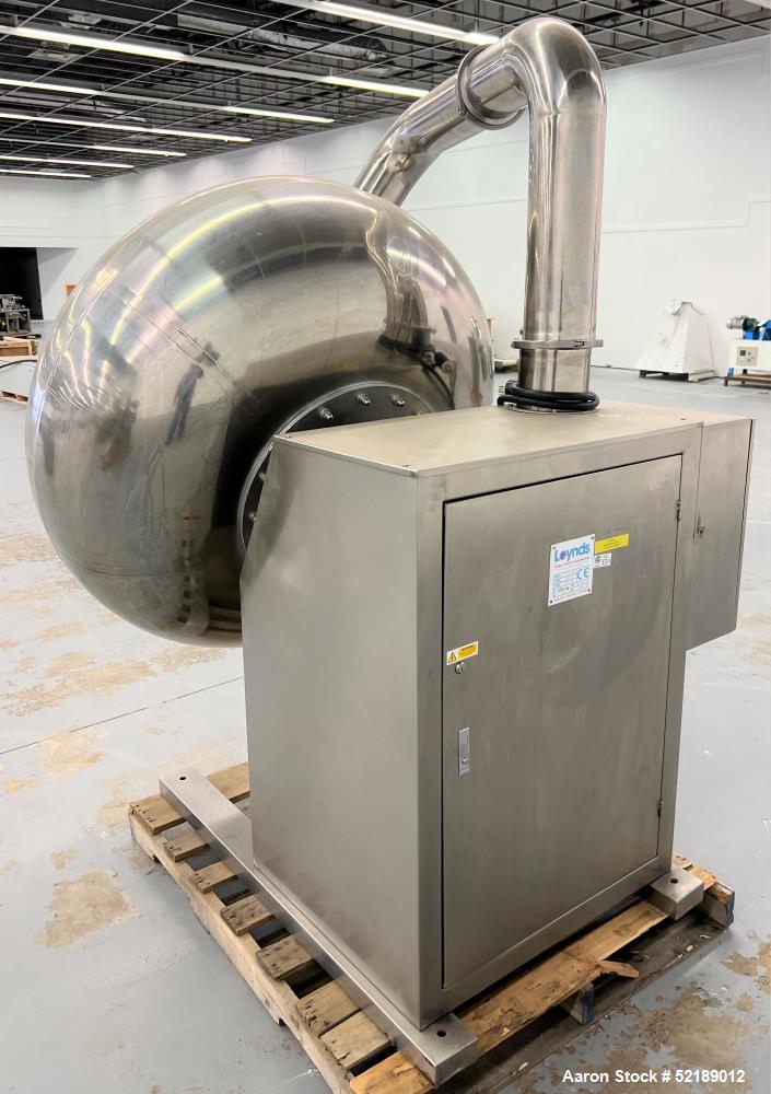 Used Loynds  48" Diameter Stainless Steel Coating Pan, Model CP1000. With (6) welded ribs 3/4" wide x 1/2" thick, 26" deep x 24" diameter opening, hot air blower with variable speed control (heat can...