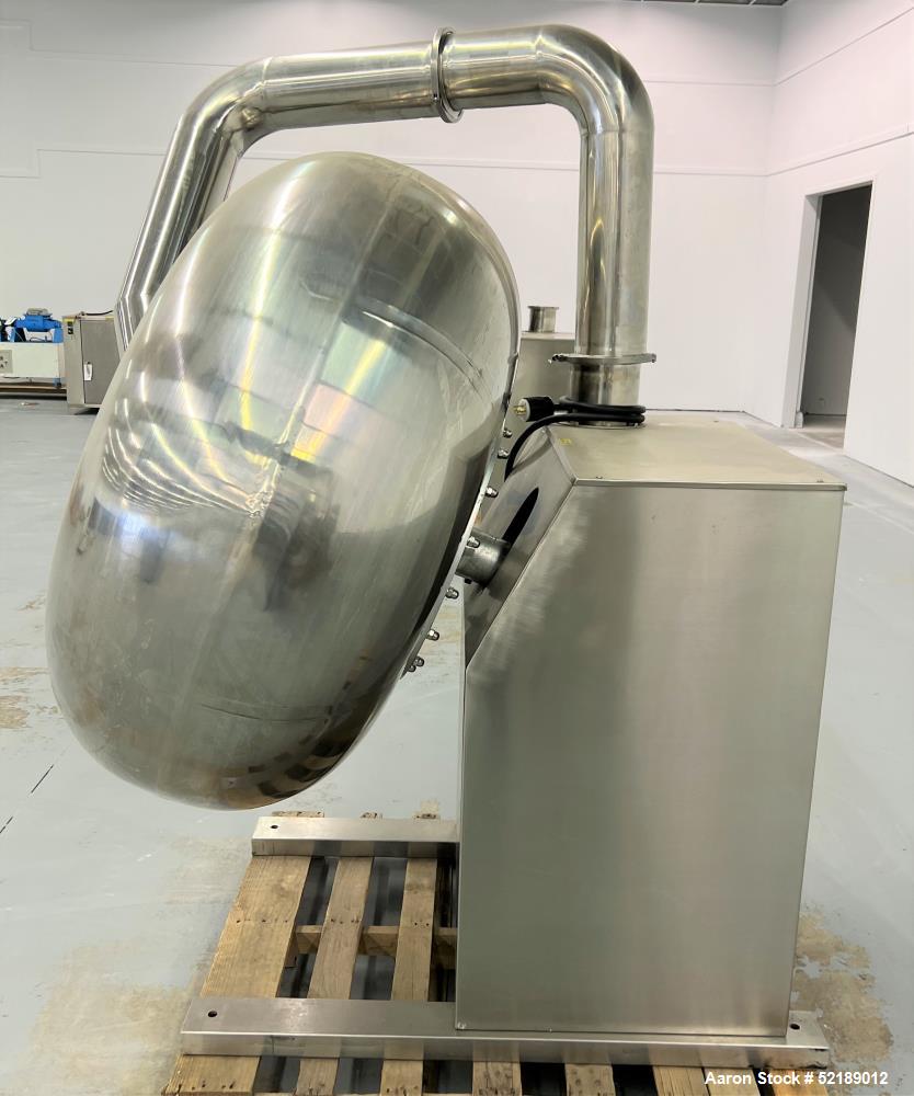 Used Loynds  48" Diameter Stainless Steel Coating Pan, Model CP1000. With (6) welded ribs 3/4" wide x 1/2" thick, 26" deep x 24" diameter opening, hot air blower with variable speed control (heat can...