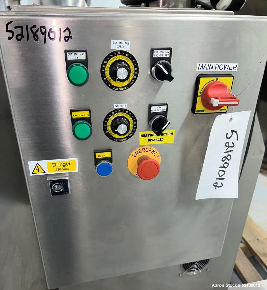 Used Loynds  48" Diameter Stainless Steel Coating Pan, Model CP1000. With (6) welded ribs 3/4" wide x 1/2" thick, 26" deep x 24" diameter opening, hot air blower with variable speed control (heat can...