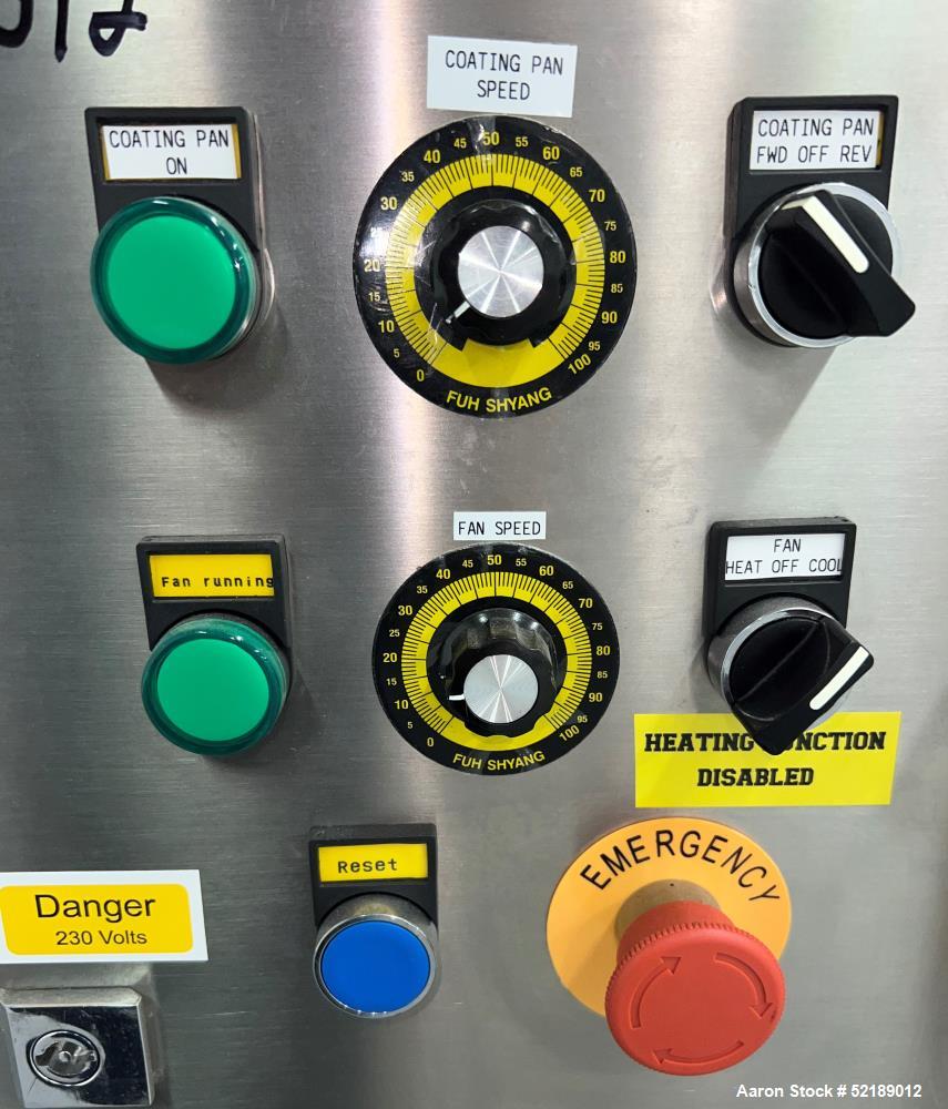 Used Loynds  48" Diameter Stainless Steel Coating Pan, Model CP1000. With (6) welded ribs 3/4" wide x 1/2" thick, 26" deep x 24" diameter opening, hot air blower with variable speed control (heat can...
