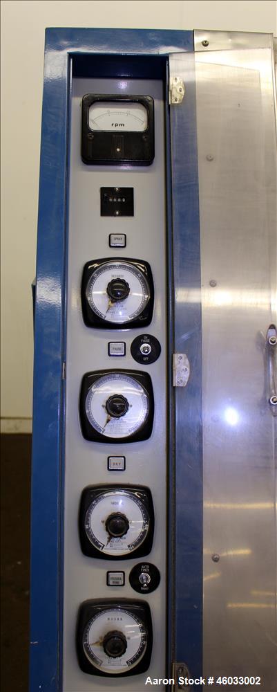 Used- Freund Industrial Co. P2 Automatic Coating Machine, Type FM3 100. Fiberglass pan 39" diameter x 31" deep with 19-3/4" ...