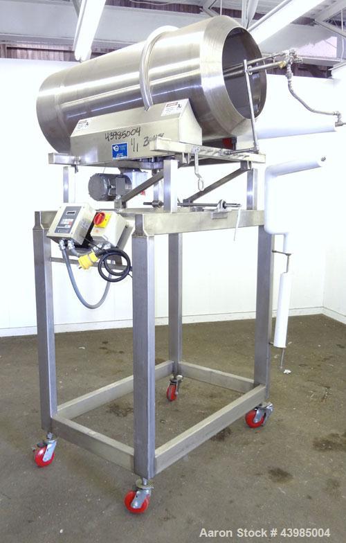 Used Spray Dynamics Soft Flight Coating Drum, Model 48X24, 304 Stainless Steel.  Approximately 24” diameter x 51” long drum with flights, manual drum pitch adjustment.  Driven by a 1/2 hp, 3/60/230/4...