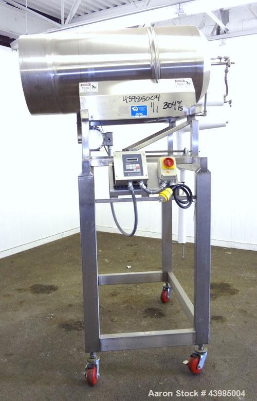 Used Spray Dynamics Soft Flight Coating Drum, Model 48X24, 304 Stainless Steel.  Approximately 24” diameter x 51” long drum with flights, manual drum pitch adjustment.  Driven by a 1/2 hp, 3/60/230/4...