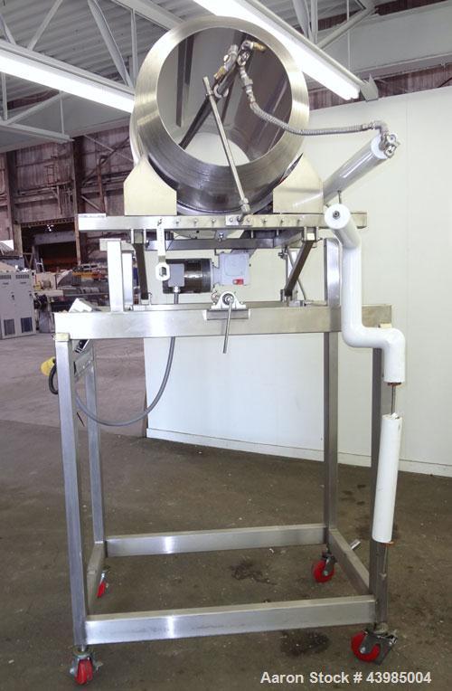 Used Spray Dynamics Soft Flight Coating Drum, Model 48X24, 304 Stainless Steel.  Approximately 24” diameter x 51” long drum with flights, manual drum pitch adjustment.  Driven by a 1/2 hp, 3/60/230/4...