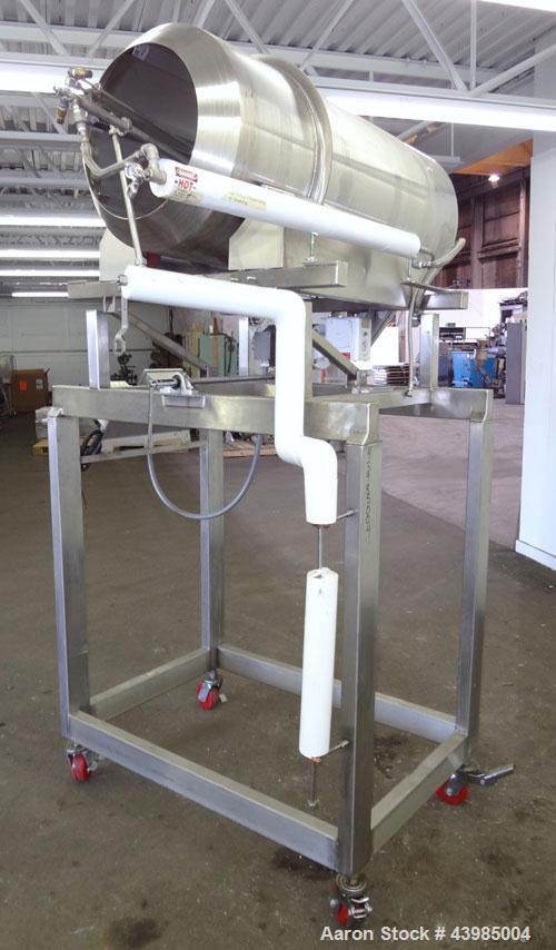 Used Spray Dynamics Soft Flight Coating Drum, Model 48X24, 304 Stainless Steel.  Approximately 24” diameter x 51” long drum with flights, manual drum pitch adjustment.  Driven by a 1/2 hp, 3/60/230/4...