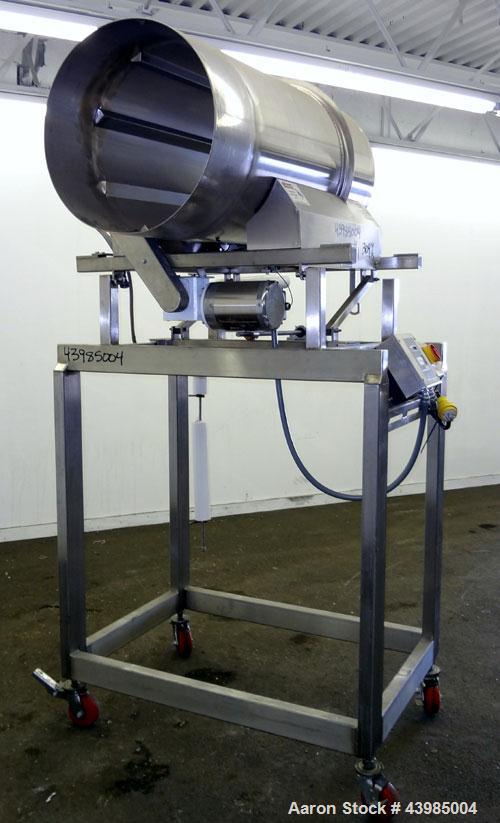 Used Spray Dynamics Soft Flight Coating Drum, Model 48X24, 304 Stainless Steel.  Approximately 24” diameter x 51” long drum with flights, manual drum pitch adjustment.  Driven by a 1/2 hp, 3/60/230/4...