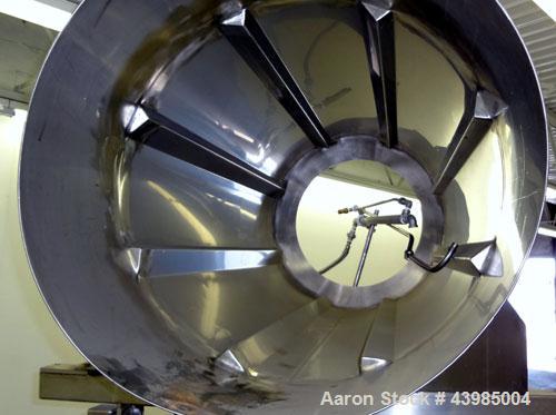 Used Spray Dynamics Soft Flight Coating Drum, Model 48X24, 304 Stainless Steel.  Approximately 24” diameter x 51” long drum with flights, manual drum pitch adjustment.  Driven by a 1/2 hp, 3/60/230/4...
