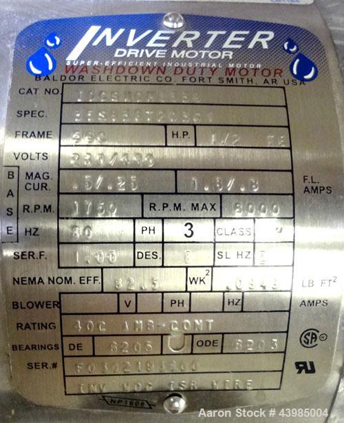Used Spray Dynamics Soft Flight Coating Drum, Model 48X24, 304 Stainless Steel.  Approximately 24” diameter x 51” long drum with flights, manual drum pitch adjustment.  Driven by a 1/2 hp, 3/60/230/4...