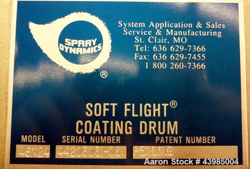 Used Spray Dynamics Soft Flight Coating Drum, Model 48X24, 304 Stainless Steel.  Approximately 24” diameter x 51” long drum with flights, manual drum pitch adjustment.  Driven by a 1/2 hp, 3/60/230/4...