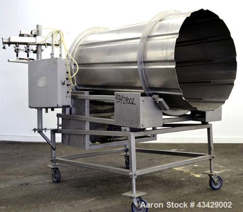 Used Spray Dynamite Rotary Drum Tumbler/Liquid Applicator, 304 Stainless Steel. 30" Diameter x 65" long horizontal drum with flights and lifters. 22-3/4" Diameter end feed opening with a 2" diameter ...