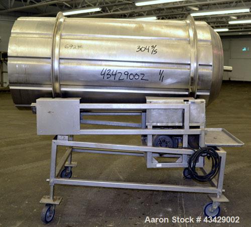 Used Spray Dynamite Rotary Drum Tumbler/Liquid Applicator, 304 Stainless Steel. 30" Diameter x 65" long horizontal drum with flights and lifters. 22-3/4" Diameter end feed opening with a 2" diameter ...