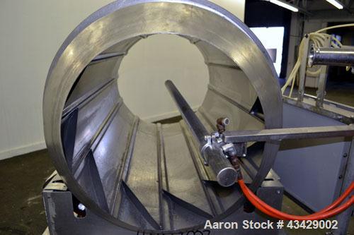 Used Spray Dynamite Rotary Drum Tumbler/Liquid Applicator, 304 Stainless Steel. 30" Diameter x 65" long horizontal drum with flights and lifters. 22-3/4" Diameter end feed opening with a 2" diameter ...