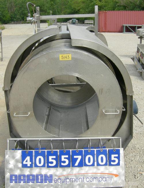 Used Coating drum, horizontal, 304 stainless steel. 38" diameter x 43" long, 24" feed opening, end discharge with removable hood. (6) Internal baffles. Driven by a 3/4 hp, 3/60/575 volt, 1725 rpm gea...