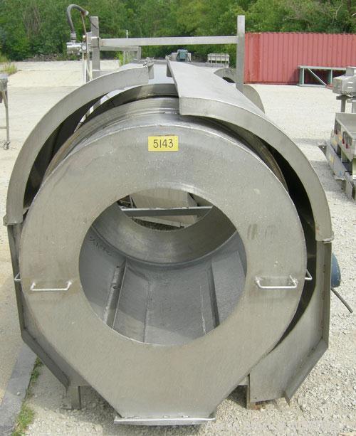 Used Coating drum, horizontal, 304 stainless steel. 38" diameter x 43" long, 24" feed opening, end discharge with removable hood. (6) Internal baffles. Driven by a 3/4 hp, 3/60/575 volt, 1725 rpm gea...