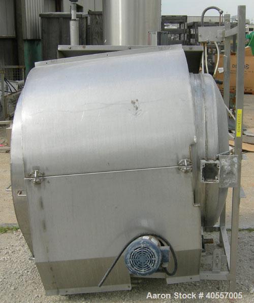 Used Coating drum, horizontal, 304 stainless steel. 38" diameter x 43" long, 24" feed opening, end discharge with removable hood. (6) Internal baffles. Driven by a 3/4 hp, 3/60/575 volt, 1725 rpm gea...