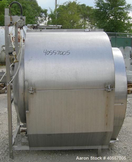 Used Coating drum, horizontal, 304 stainless steel. 38" diameter x 43" long, 24" feed opening, end discharge with removable hood. (6) Internal baffles. Driven by a 3/4 hp, 3/60/575 volt, 1725 rpm gea...