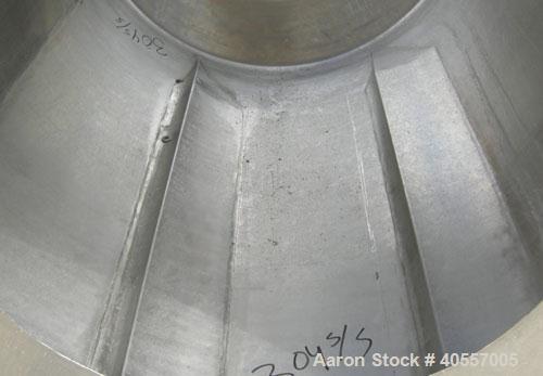 Used Coating drum, horizontal, 304 stainless steel. 38" diameter x 43" long, 24" feed opening, end discharge with removable hood. (6) Internal baffles. Driven by a 3/4 hp, 3/60/575 volt, 1725 rpm gea...
