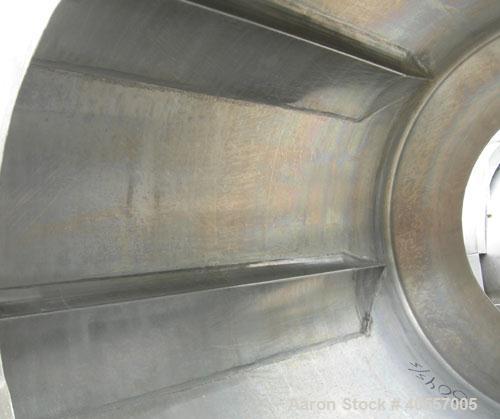 Used Coating drum, horizontal, 304 stainless steel. 38" diameter x 43" long, 24" feed opening, end discharge with removable hood. (6) Internal baffles. Driven by a 3/4 hp, 3/60/575 volt, 1725 rpm gea...