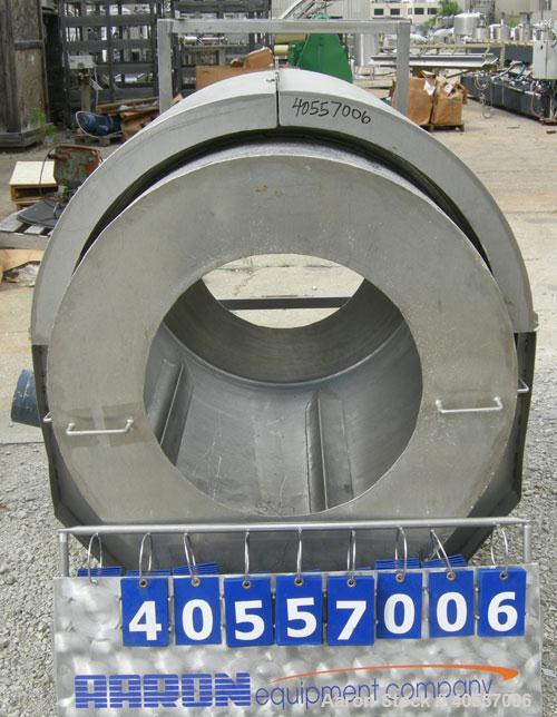 Used Coating drum, horizontal, 304 stainless steel. 38" diameter x 43" long, 24" feed opening, end discharge with removable hood. (6) Internal baffles. Driven by a 1/2 hp, 3/60/575 volt, 1725 rpm gea...