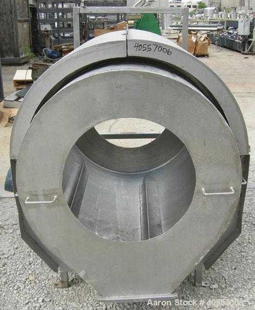 Used Coating drum, horizontal, 304 stainless steel. 38" diameter x 43" long, 24" feed opening, end discharge with removable hood. (6) Internal baffles. Driven by a 1/2 hp, 3/60/575 volt, 1725 rpm gea...